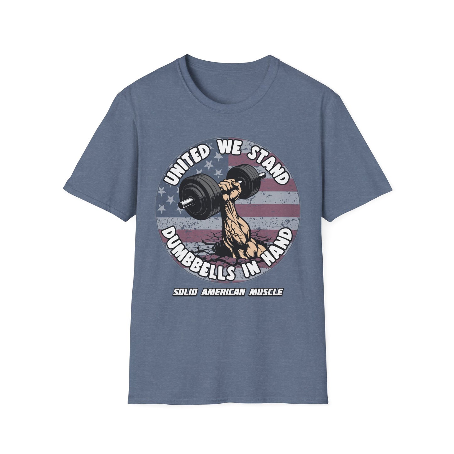 Solid American Muscle - United We Stand Dumbbells in Hand - USA Flag T-Shirt