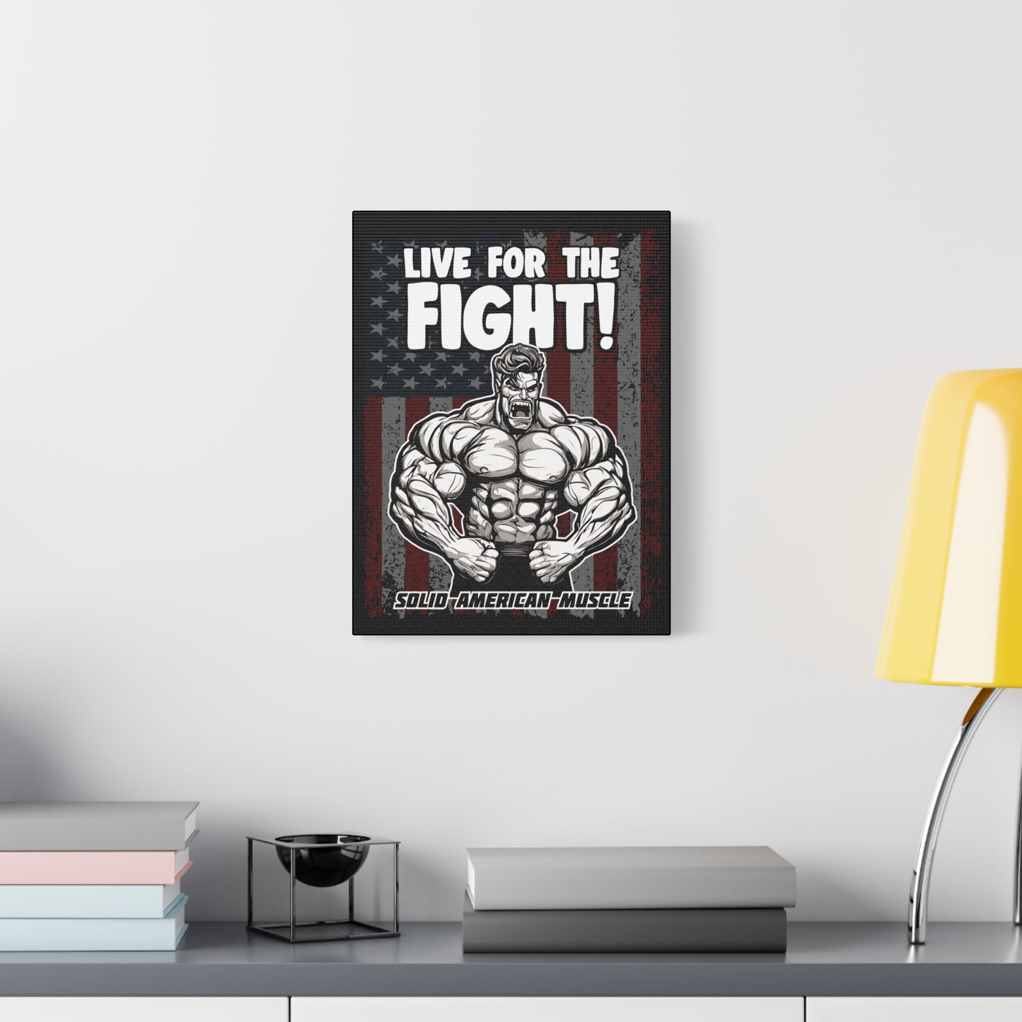 Solid American Muscle - Live for the Fight - American Flag - 16" x 12" Stretched Matte Canvas Art