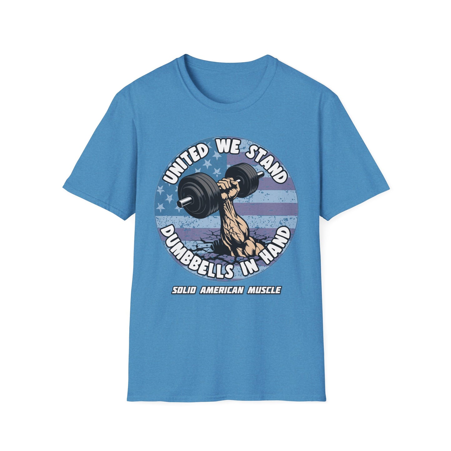 Solid American Muscle - United We Stand Dumbbells in Hand - USA Flag T-Shirt