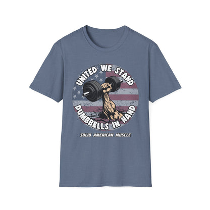 Solid American Muscle - United We Stand Dumbbells in Hand - USA Flag T-Shirt