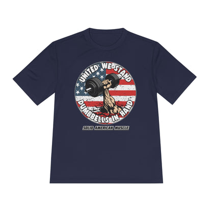 Solid American Muscle - United We Stand Dumbbells in Hand - USA Flag Moisture Wicking T-Shirt