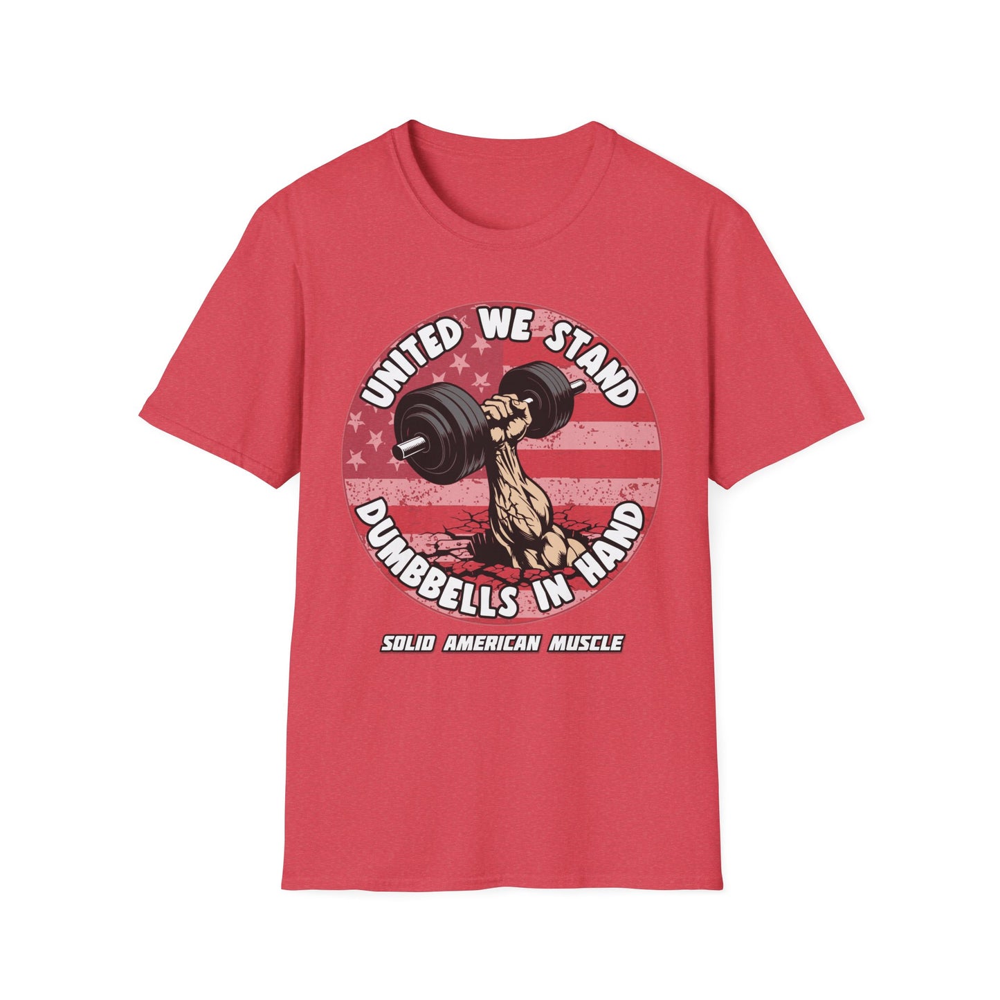 Solid American Muscle - United We Stand Dumbbells in Hand - USA Flag T-Shirt