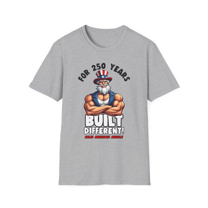 Solid American Muscle - For 250 Years Built Different! - Patriotic July 4th Uncle Sam T-Shirt
