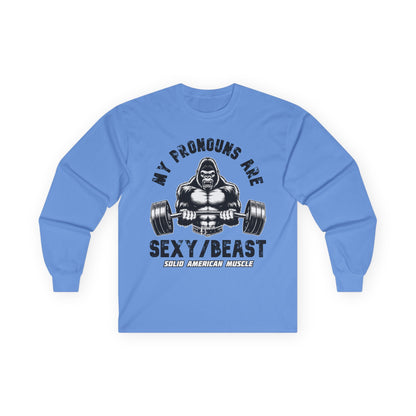Solid American Muscle - My Pronouns are Sexy/Beast - Silverback Gorilla Long Sleeve T-Shirt