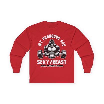 Solid American Muscle - My Pronouns are Sexy/Beast - Silverback Gorilla Long Sleeve T-Shirt