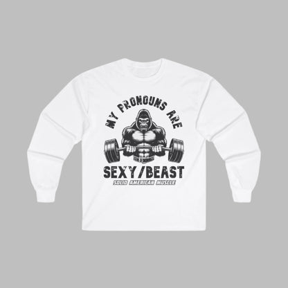 Solid American Muscle - My Pronouns are Sexy/Beast - Silverback Gorilla Long Sleeve T-Shirt