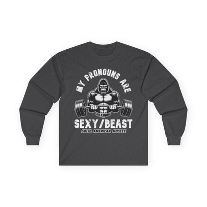 Solid American Muscle - My Pronouns are Sexy/Beast - Silverback Gorilla Long Sleeve T-Shirt
