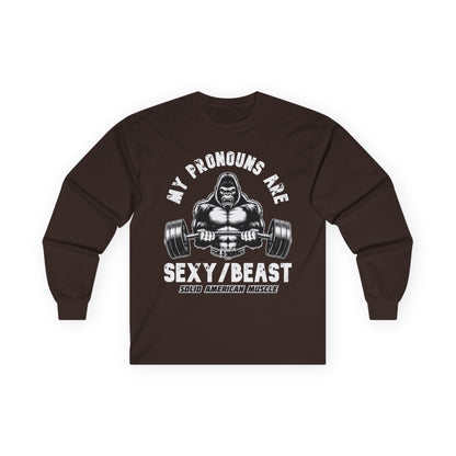 Solid American Muscle - My Pronouns are Sexy/Beast - Silverback Gorilla Long Sleeve T-Shirt