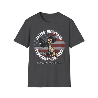Solid American Muscle - United We Stand Dumbbells in Hand - USA Flag T-Shirt