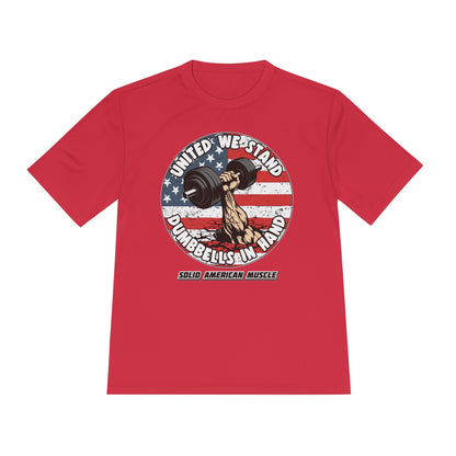 Solid American Muscle - United We Stand Dumbbells in Hand - USA Flag Moisture Wicking T-Shirt