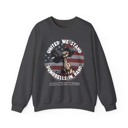 Solid American Muscle - United We Stand Dumbbells in Hand - USA Flag Sweatshirt