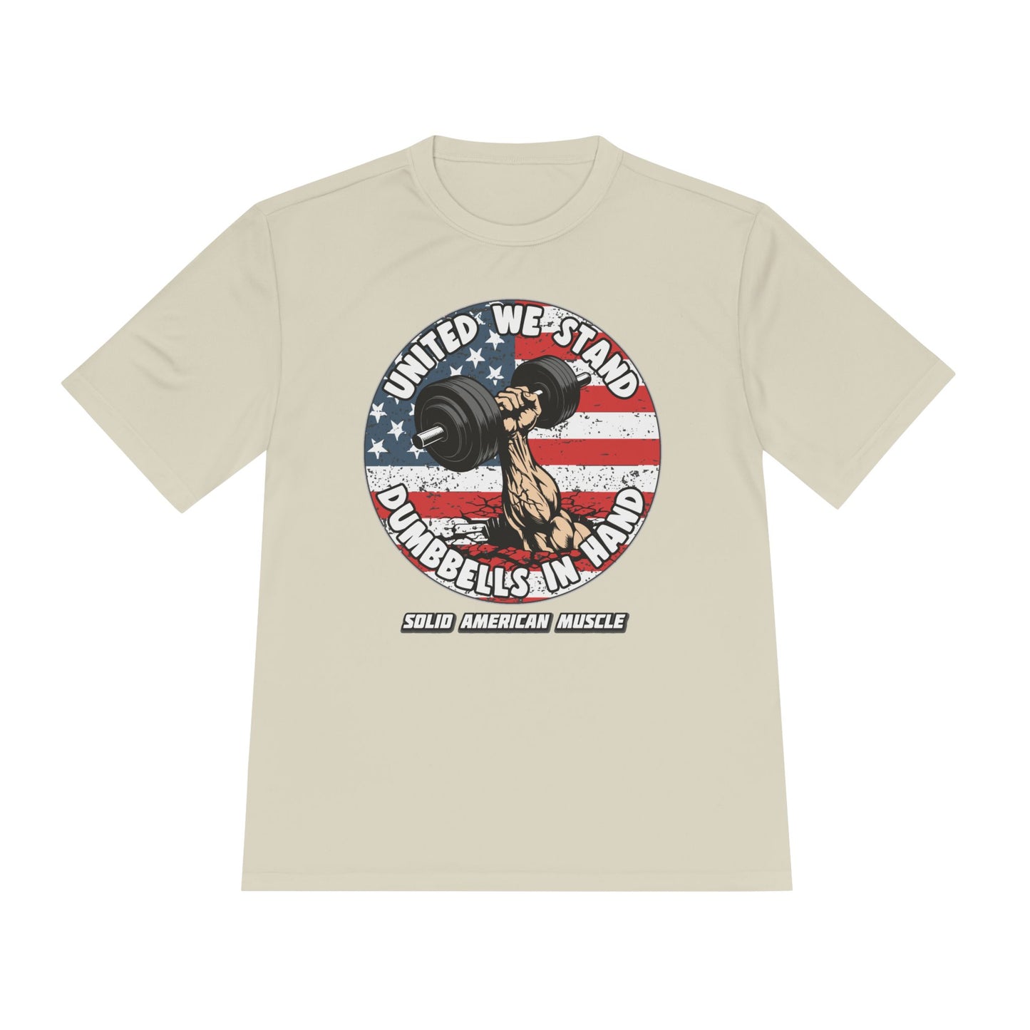 Solid American Muscle - United We Stand Dumbbells in Hand - USA Flag Moisture Wicking T-Shirt