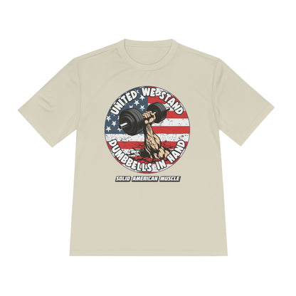 Solid American Muscle - United We Stand Dumbbells in Hand - USA Flag Moisture Wicking T-Shirt