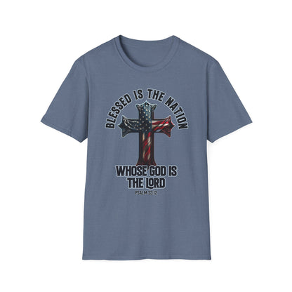 Patriot Collection - Blessed Is The Nation, Whose God Is The Lord (Psalm 33:12) - American Cross T-Shirt