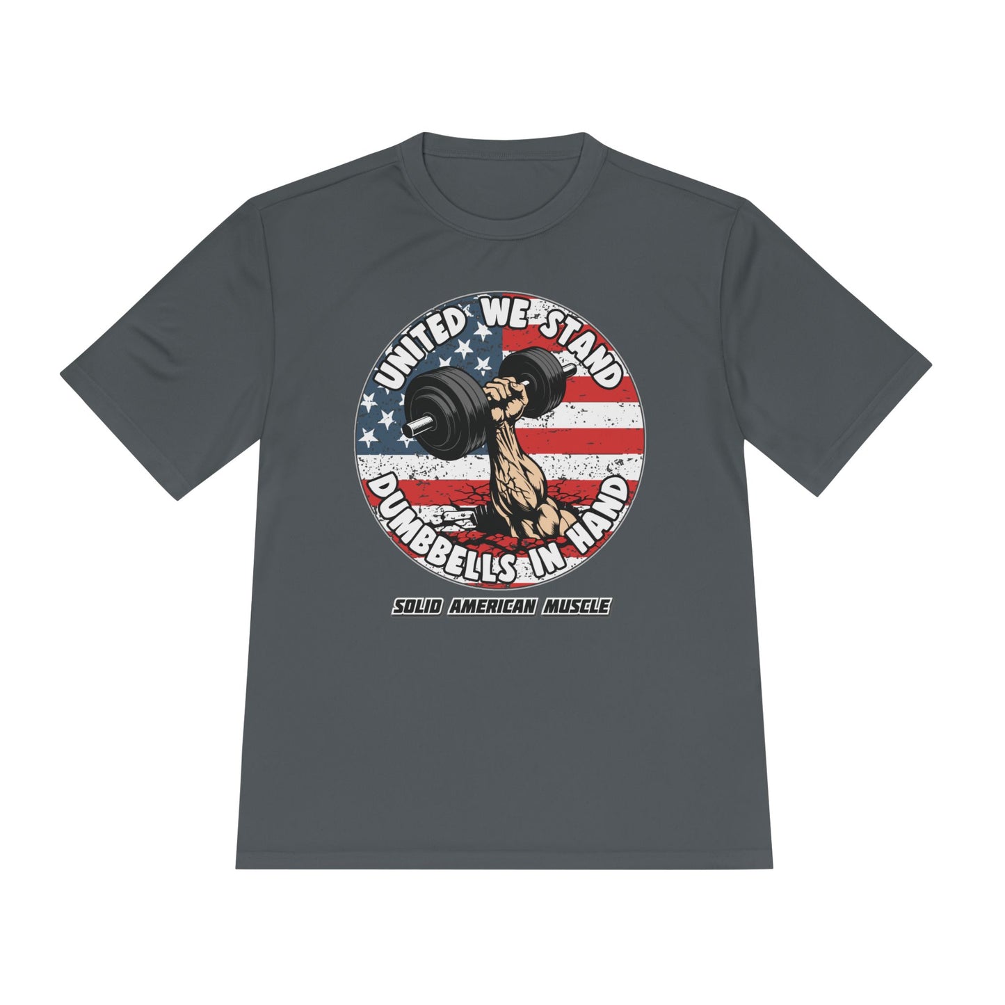 Solid American Muscle - United We Stand Dumbbells in Hand - USA Flag Moisture Wicking T-Shirt