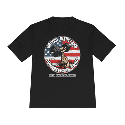 Solid American Muscle - United We Stand Dumbbells in Hand - USA Flag Moisture Wicking T-Shirt