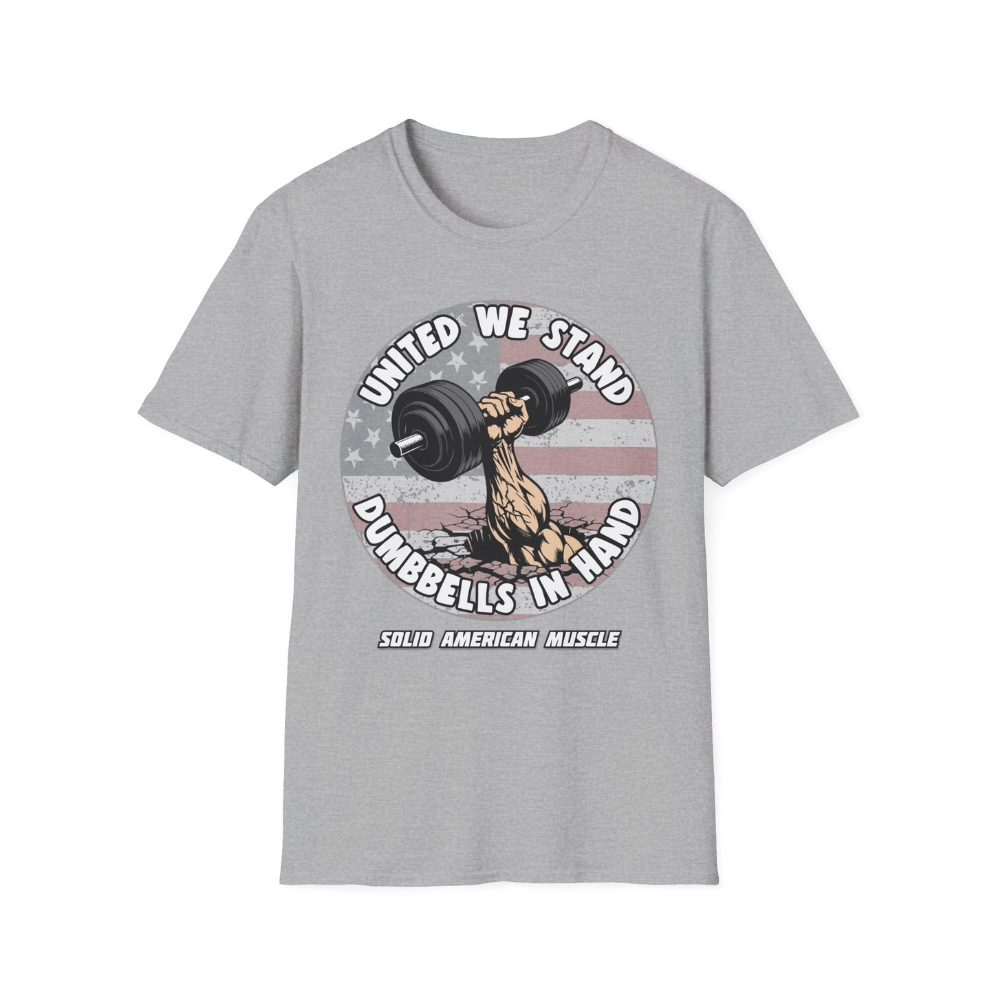 Solid American Muscle - United We Stand Dumbbells in Hand - USA Flag T-Shirt