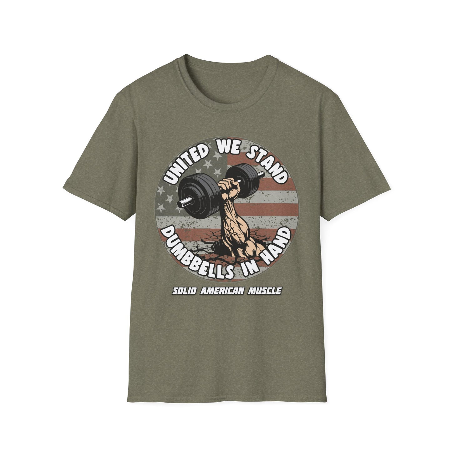 Solid American Muscle - United We Stand Dumbbells in Hand - USA Flag T-Shirt