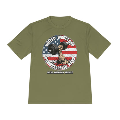 Solid American Muscle - United We Stand Dumbbells in Hand - USA Flag Moisture Wicking T-Shirt