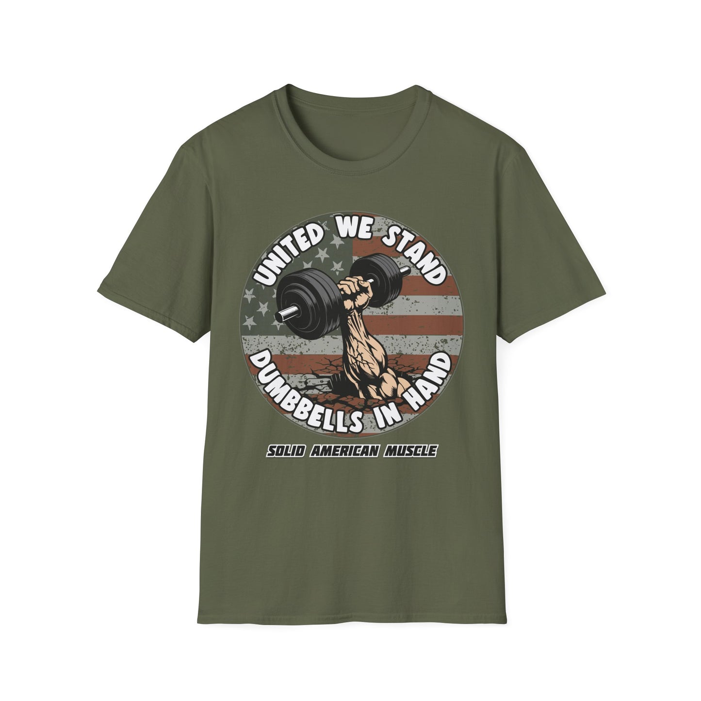 Solid American Muscle - United We Stand Dumbbells in Hand - USA Flag T-Shirt