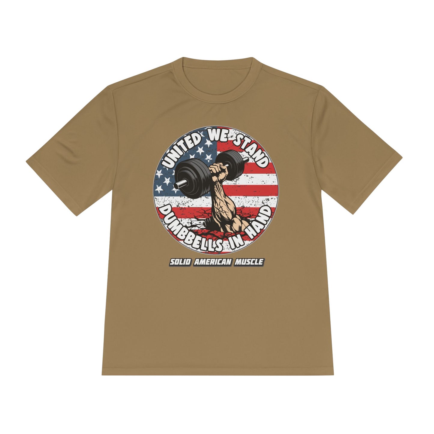 Solid American Muscle - United We Stand Dumbbells in Hand - USA Flag Moisture Wicking T-Shirt