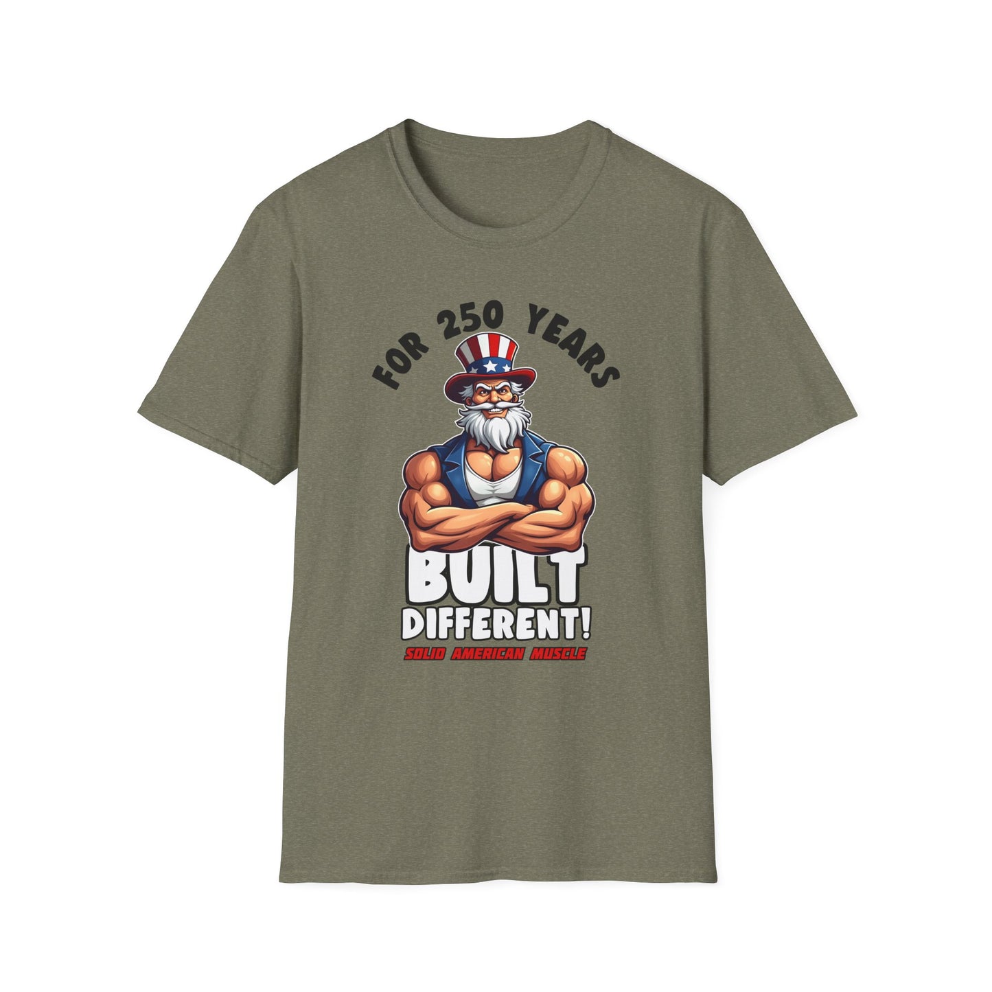 Solid American Muscle - For 250 Years Built Different! - Patriotic July 4th Uncle Sam T-Shirt