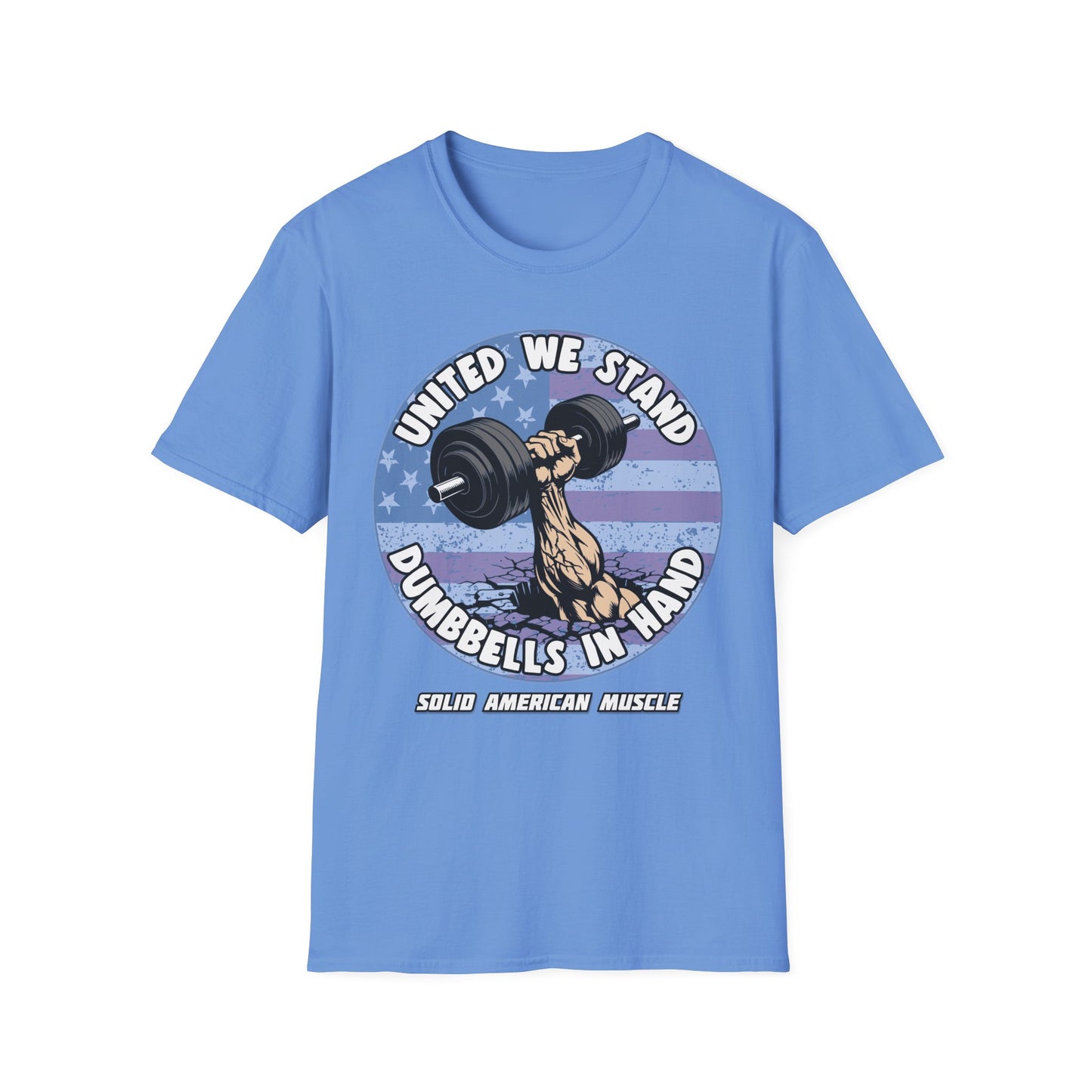Solid American Muscle - United We Stand Dumbbells in Hand - USA Flag T-Shirt