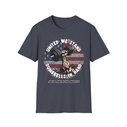 Solid American Muscle - United We Stand Dumbbells in Hand - USA Flag T-Shirt