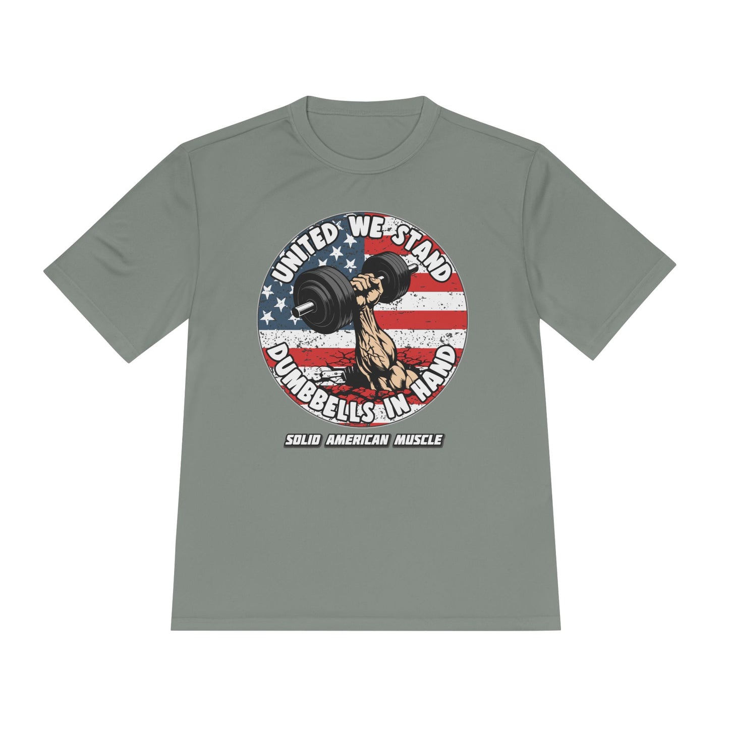 Solid American Muscle - United We Stand Dumbbells in Hand - USA Flag Moisture Wicking T-Shirt