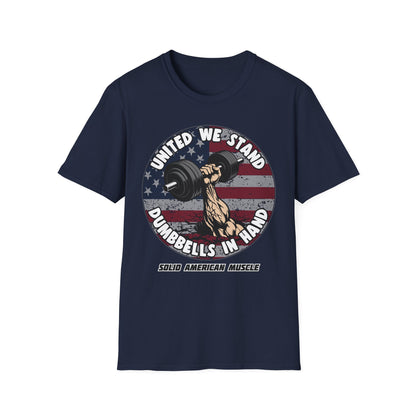 Solid American Muscle - United We Stand Dumbbells in Hand - USA Flag T-Shirt