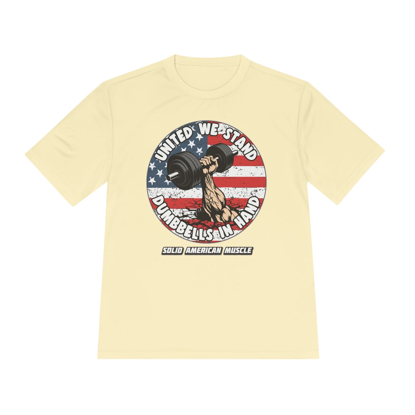Solid American Muscle - United We Stand Dumbbells in Hand - USA Flag Moisture Wicking T-Shirt