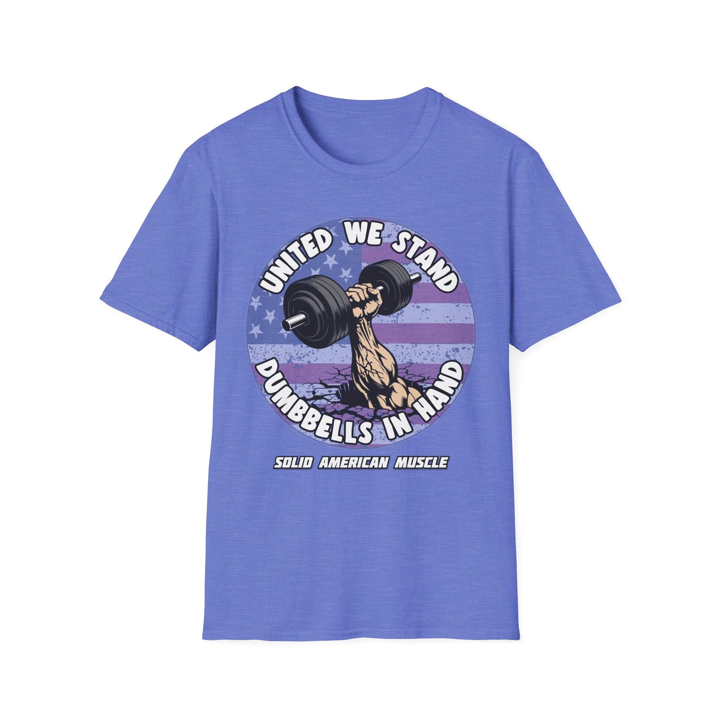 Solid American Muscle - United We Stand Dumbbells in Hand - USA Flag T-Shirt
