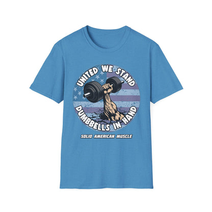 Solid American Muscle - United We Stand Dumbbells in Hand - USA Flag T-Shirt