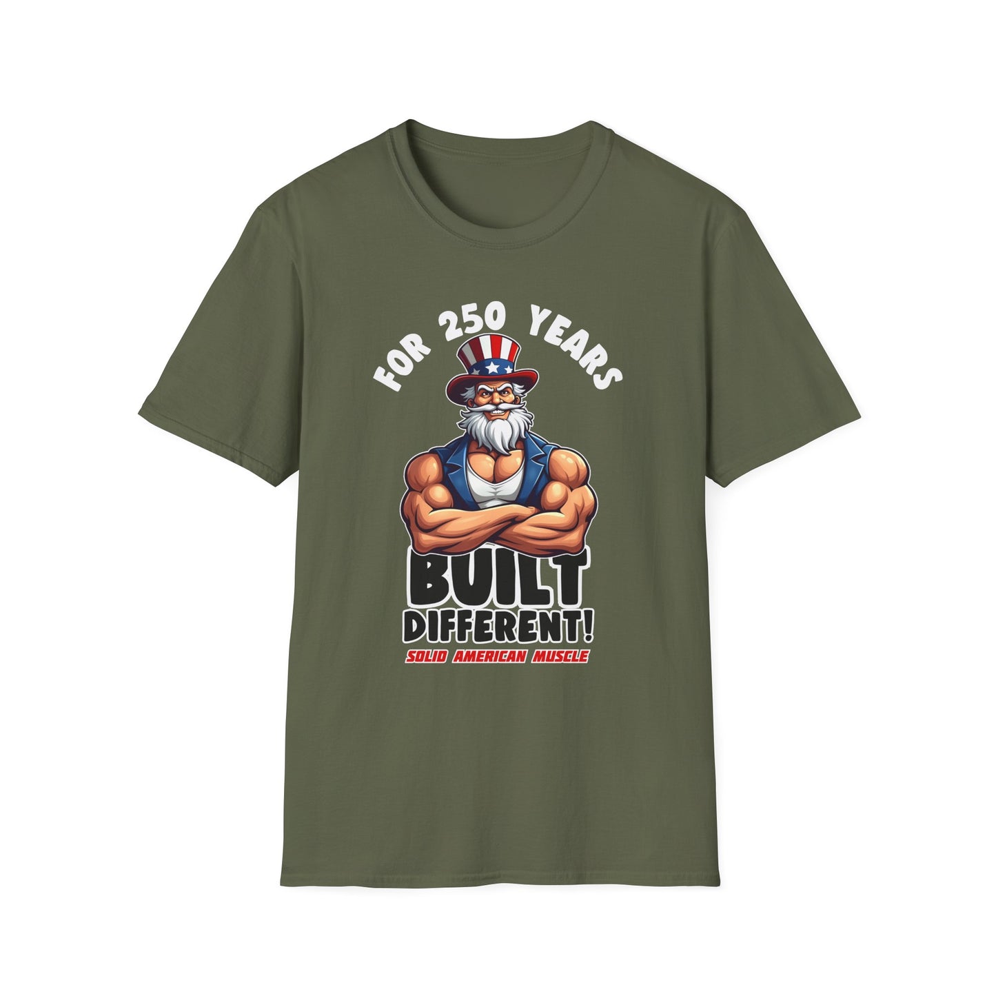 Solid American Muscle - For 250 Years Built Different! - Patriotic July 4th Uncle Sam T-Shirt