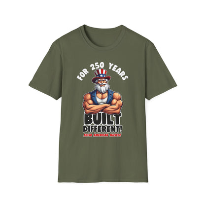 Solid American Muscle - For 250 Years Built Different! - Patriotic July 4th Uncle Sam T-Shirt