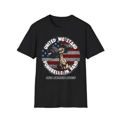 Solid American Muscle - United We Stand Dumbbells in Hand - USA Flag T-Shirt