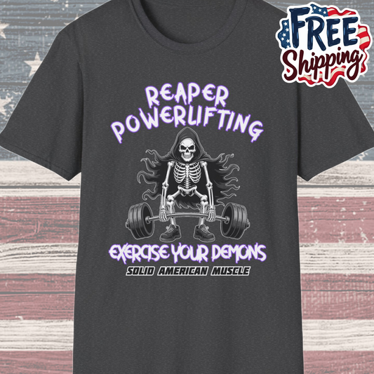 Solid American Muscle - Reaper Powerlifting - Grim Reaper Halloween Gym T-Shirt