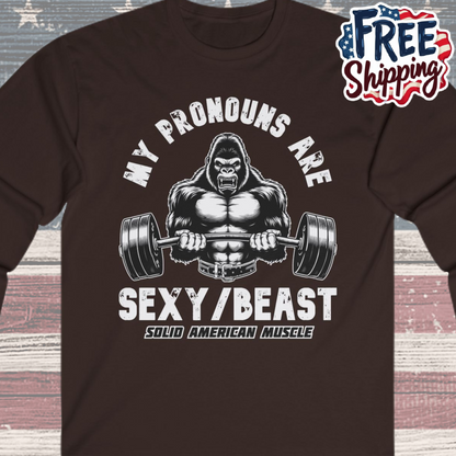 Solid American Muscle - My Pronouns are Sexy/Beast - Silverback Gorilla Long Sleeve T-Shirt
