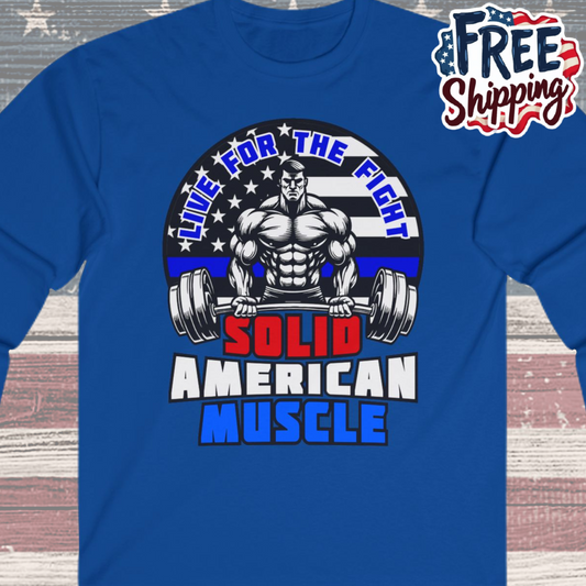 Solid American Muscle - Thin Blue Line Tribute Logo - Police Officer/First Responder Long Sleeve T-Shirt