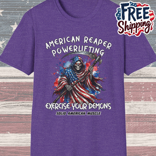 Solid American Muscle - American Reaper Powerlifting - Exercise Your Demons - Grim Reaper Patriotic Gym T-Shirt