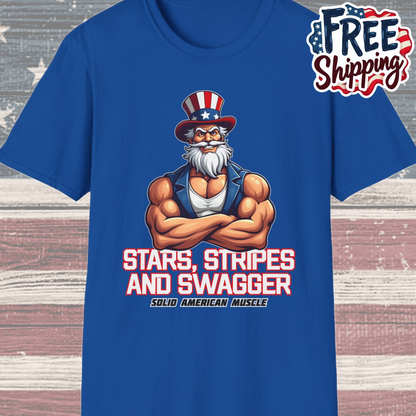 Solid American Muscle - Stars Stripes and Swagger - Muscular Uncle Sam - Patriotic Gym T-Shirt