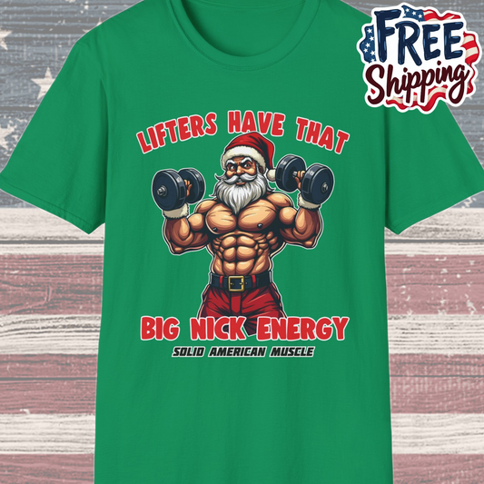 Solid American Muscle - Lifters Have That Big Nick Energy - Muscular Santa - Christmas Gym T-Shirt