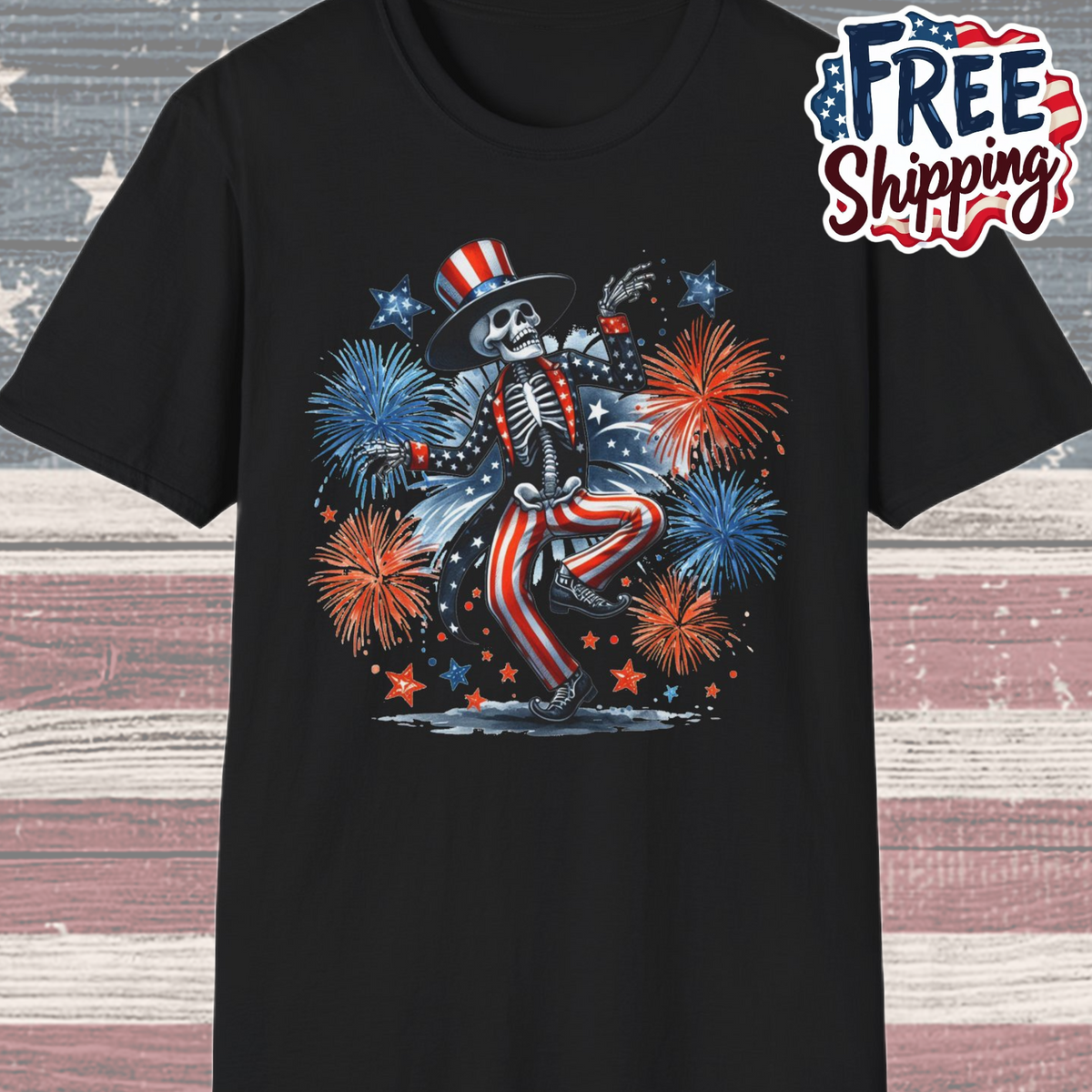 Patriot Collection - Dancing Skeleton  - Uncle Sam - USA Fireworks - T-Shirt