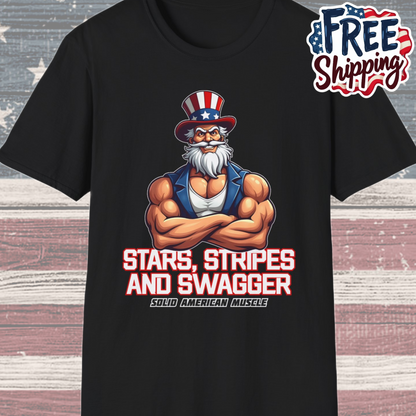 Solid American Muscle - Stars Stripes and Swagger - Muscular Uncle Sam - Patriotic Gym T-Shirt