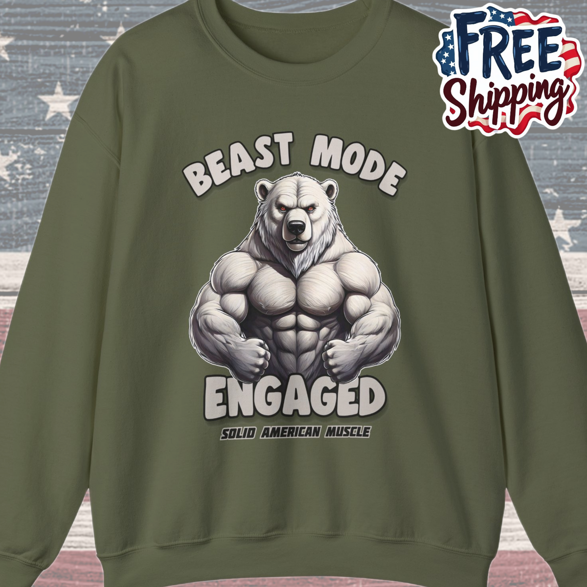 Solid American Muscle - Beast Mode Engaged - Muscular Polar Bear Gym Sweatshirt
