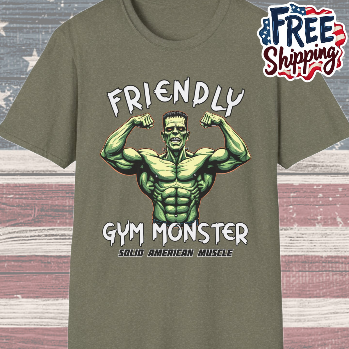 Solid American Muscle - Friendly Gym Monster - Halloween Frankenstein's Monster Gym T-Shirt