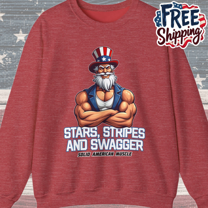 Solid American Muscle - Stars Stripes and Swagger - Muscular Uncle Sam - Patriotic Gym Sweatshirt