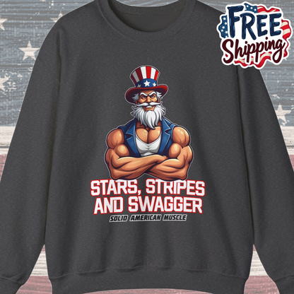 Solid American Muscle - Stars Stripes and Swagger - Muscular Uncle Sam - Patriotic Gym Sweatshirt