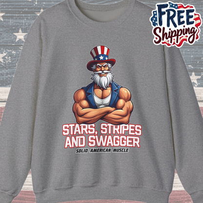 Solid American Muscle - Stars Stripes and Swagger - Muscular Uncle Sam - Patriotic Gym Sweatshirt