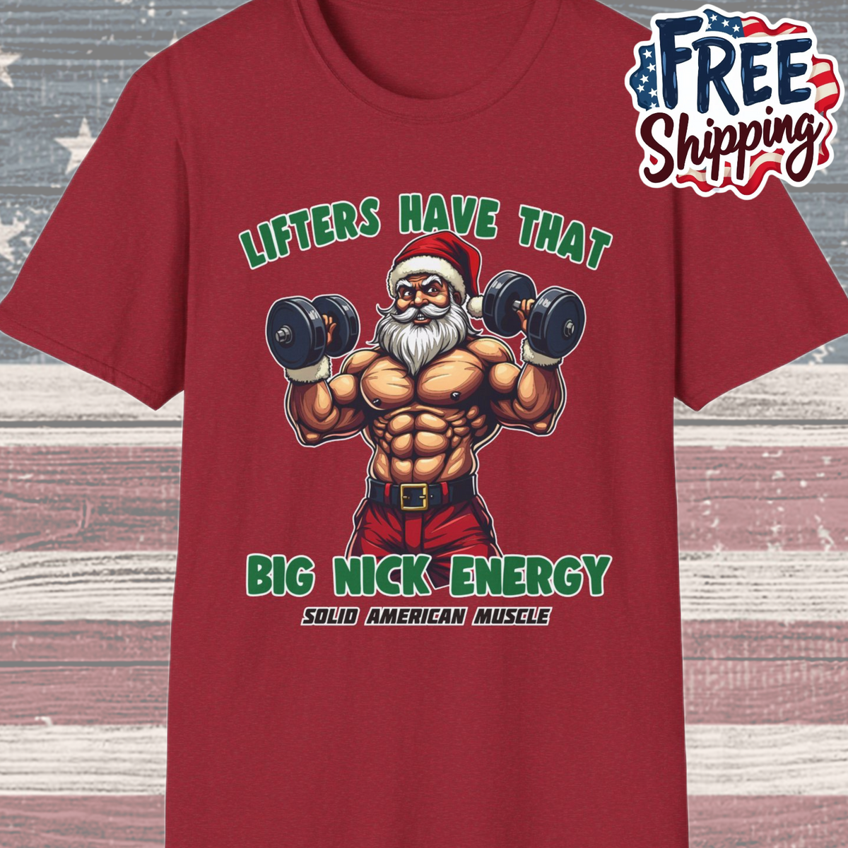 Solid American Muscle - Lifters Have That Big Nick Energy - Muscular Santa - Christmas Gym T-Shirt